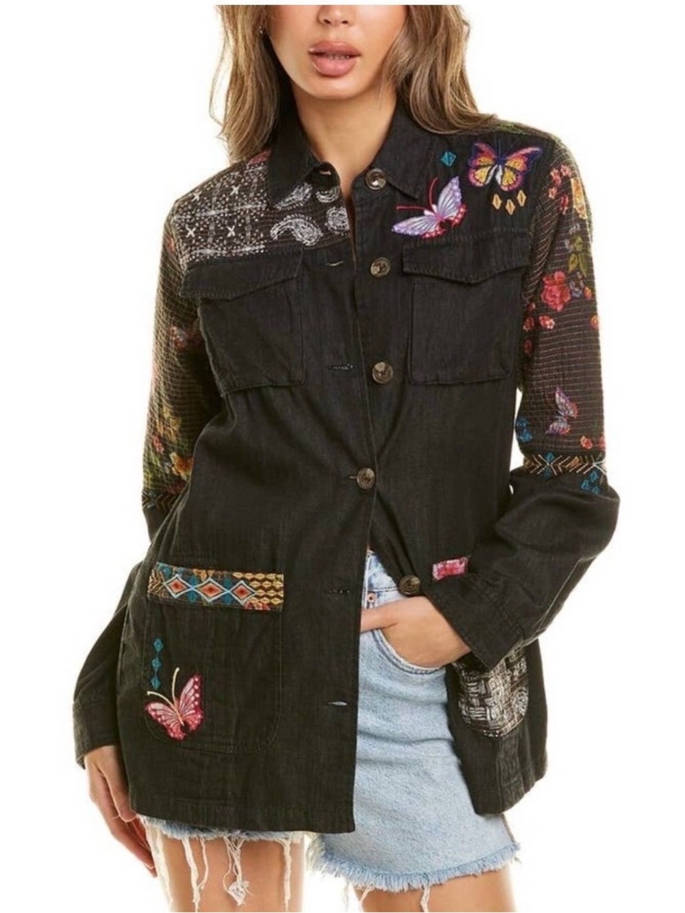 Johnny Was Workshop Black Denim Jacket w/ Multicolor Embroidered Butterflies XL